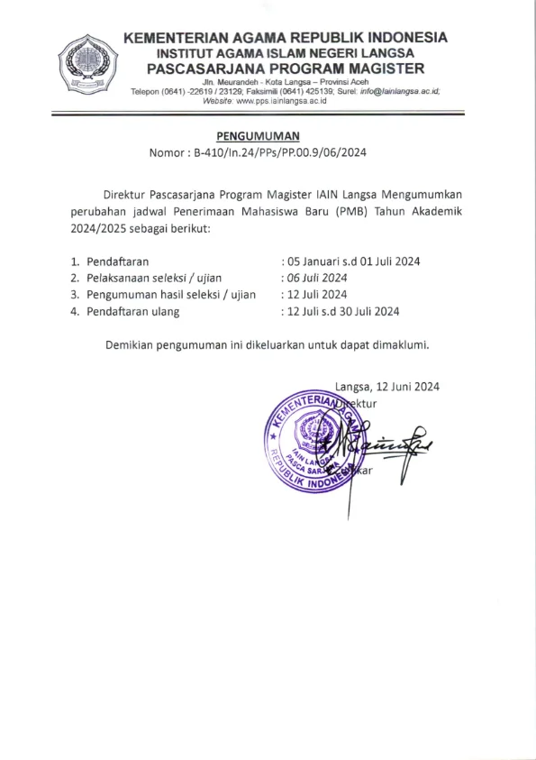 Pengumuman Perpanjangan PMB Pascasarjana Program Magister IAIN Langsa T.A 2024/2025